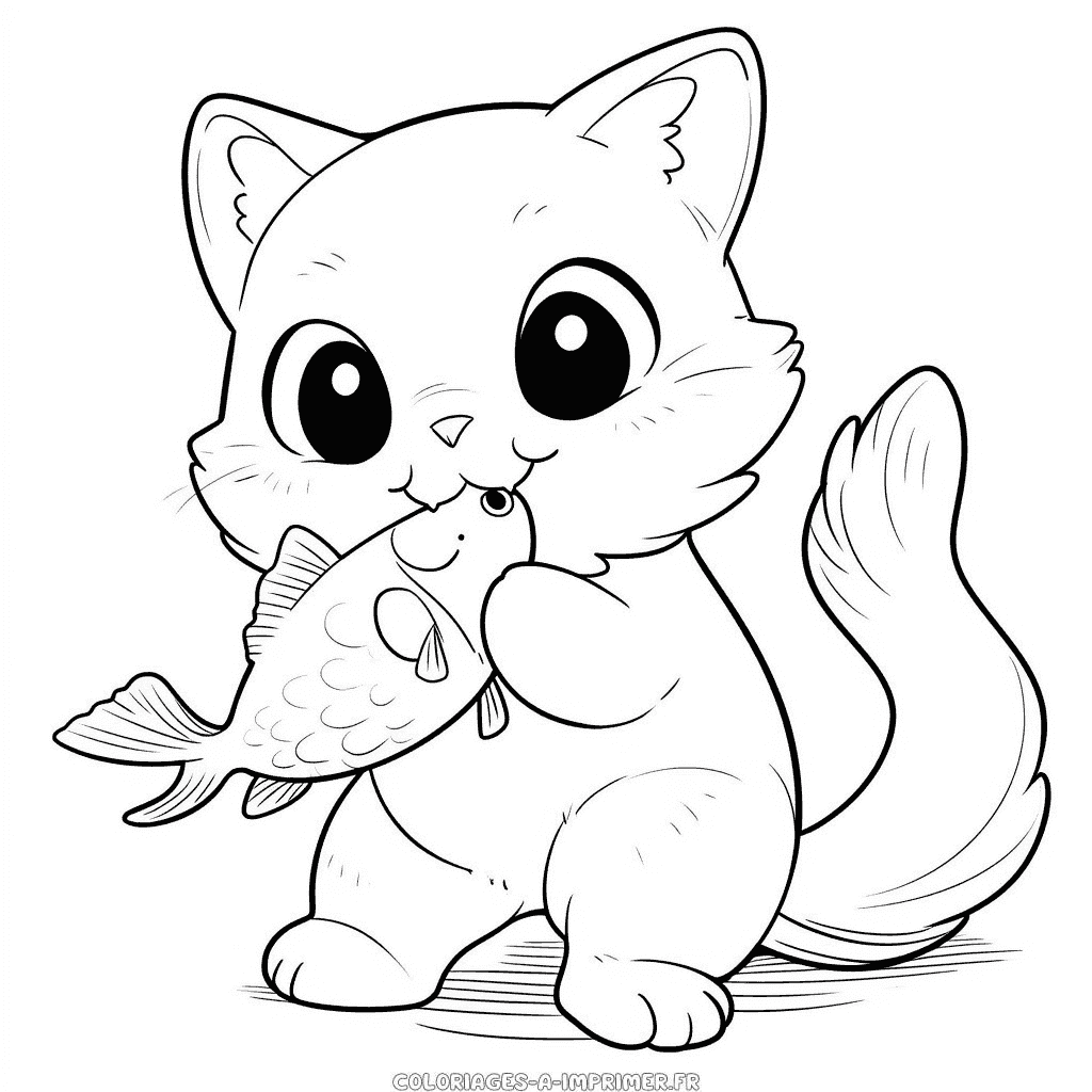 Coloriage chat de dessin animé mangeant du poisson