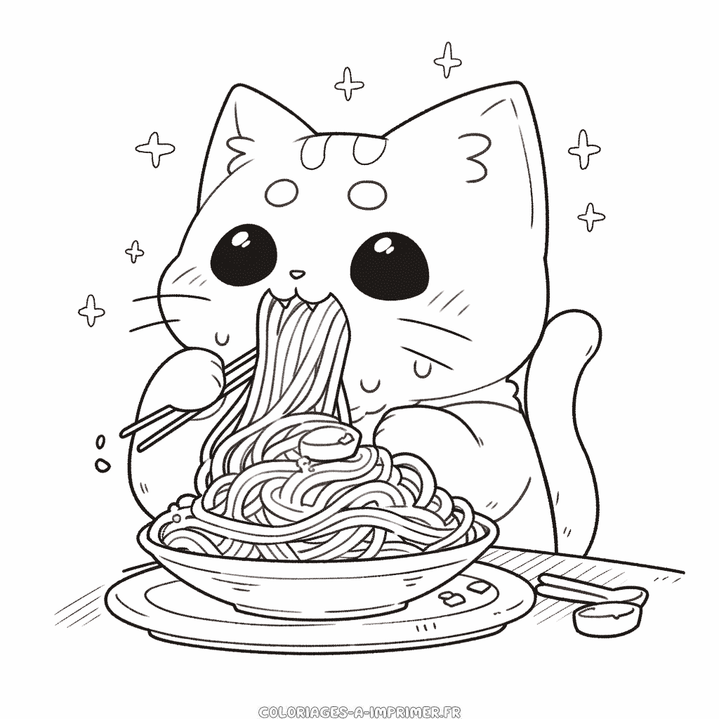 Coloriage chat mangeant des pâtes