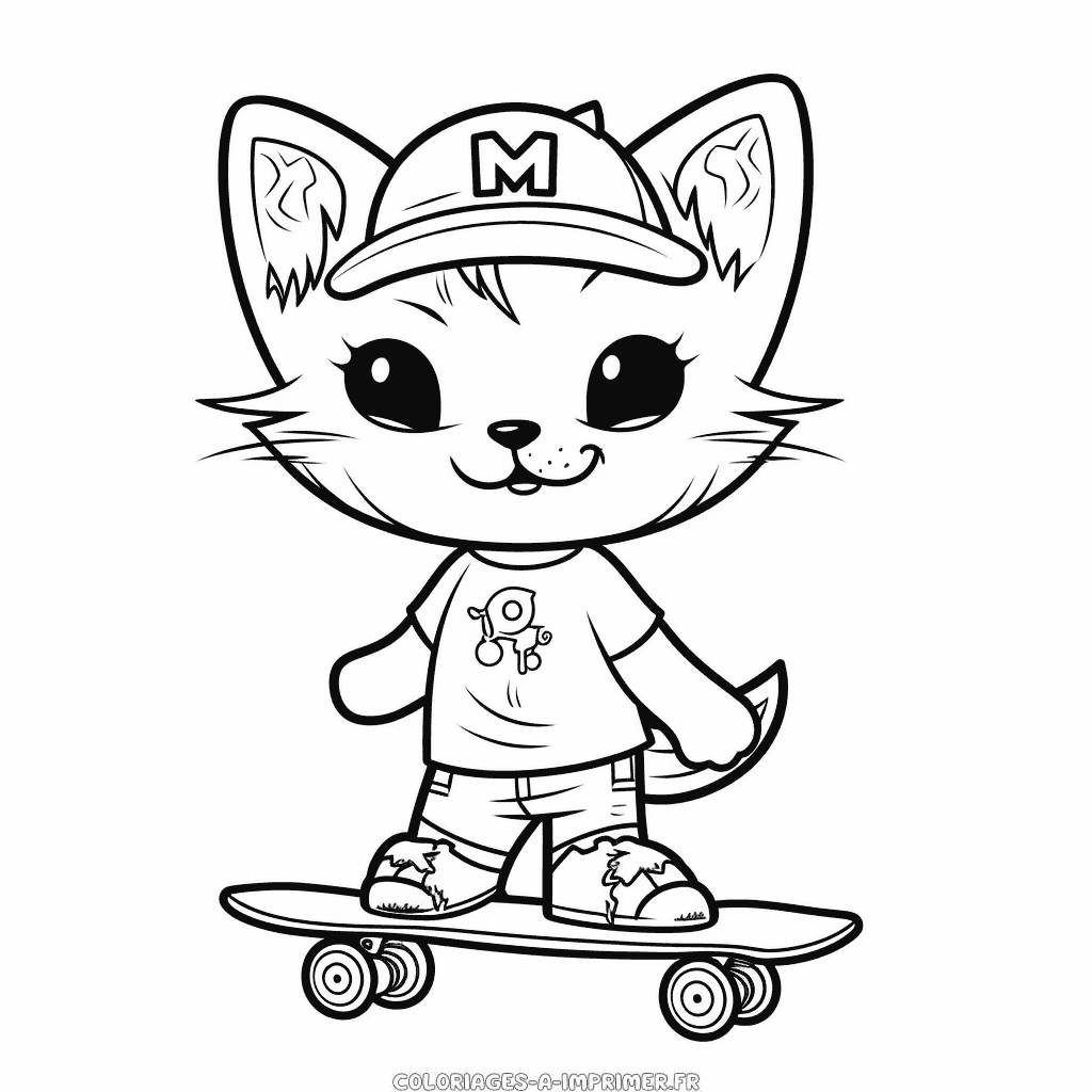 Coloriage chat sur un skateboard