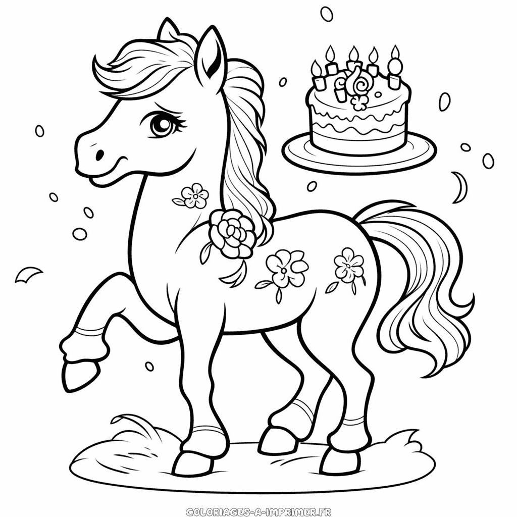Coloriage cheval d'anniversaire