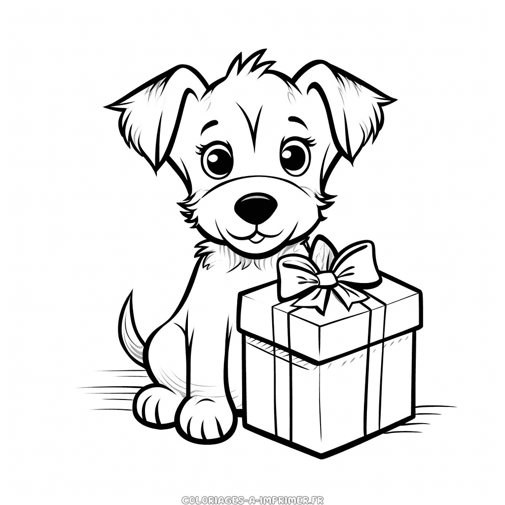 Coloriage chien avec un cadeau d'anniversaire