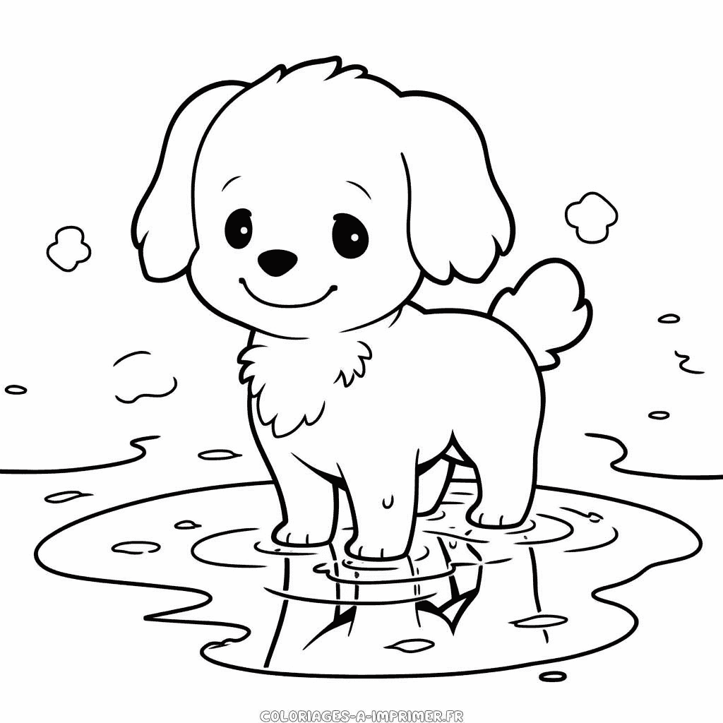 Coloriage chien dans une flaque d'eau