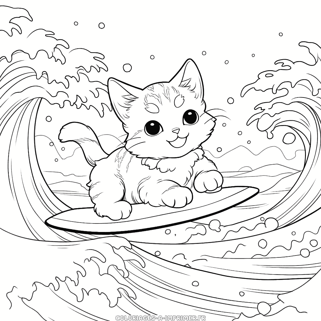 Coloriage surfer sur un chat